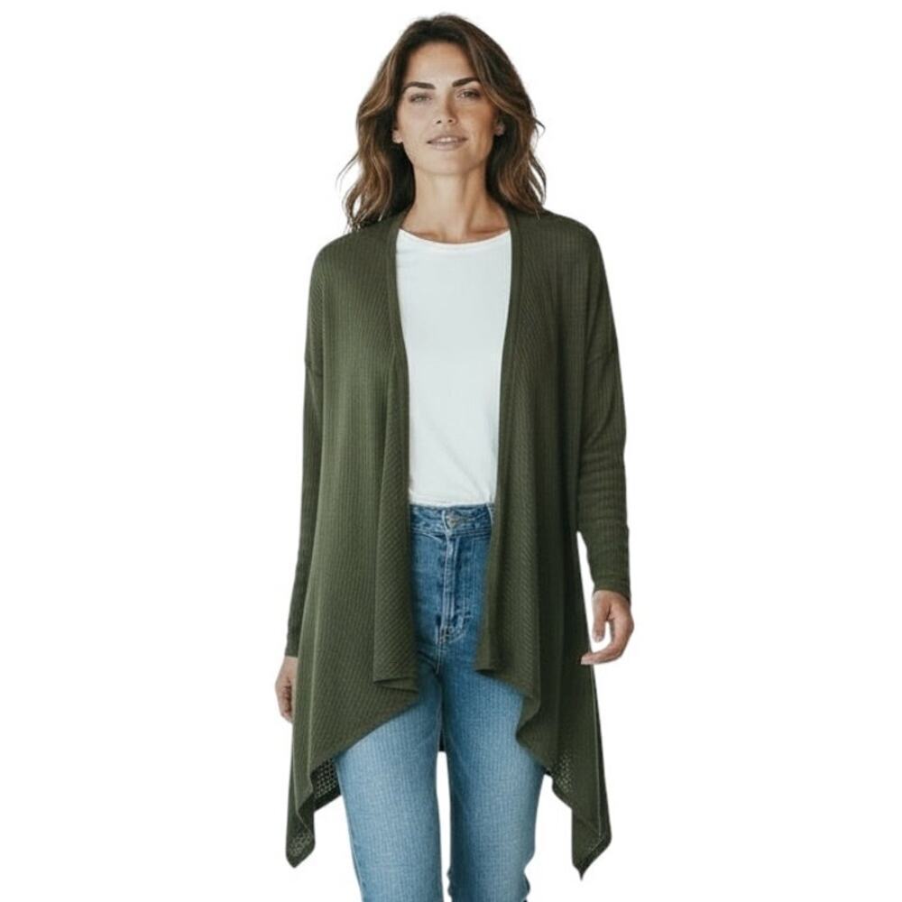 Bobeau Women's Cardigan Sweater XL Green Draped Open Front Long Sleeve Burnout